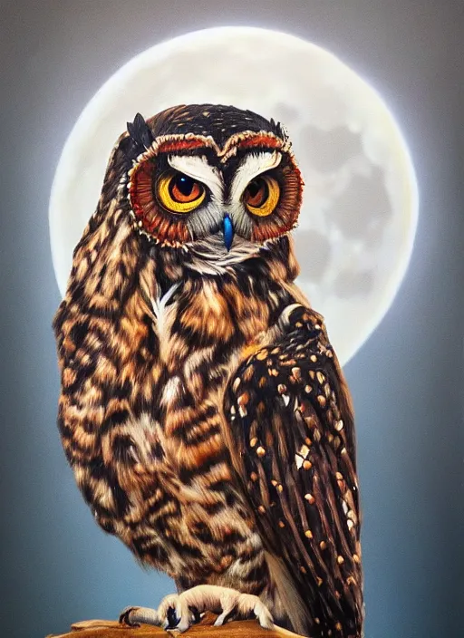 Prompt: realistic portrait beautiful painting of burning malaysia owl, moon pupil. full body, fine art, trending on artstation, smooth draw, sharp focus, digital art, bright colors, fine draw, perfect lighting, high render, high resolution.