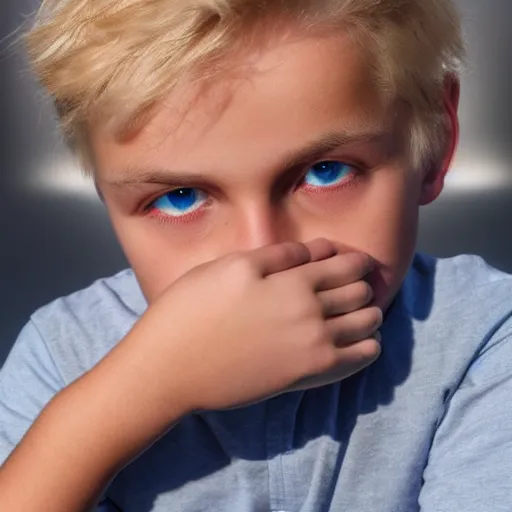 Image similar to portrait of a boy with his hand on his face, extremely realistic and real, photorealistic, blonde hair and blue eyes, detailed facial structure, real eyes that are detailed, real hands