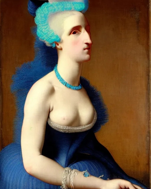 Image similar to woman with pink hair, wearing a neon blue dress by Vivienne Westwood, intricate details, masterpiece, in the style of Jean Auguste Dominique Ingres, black background