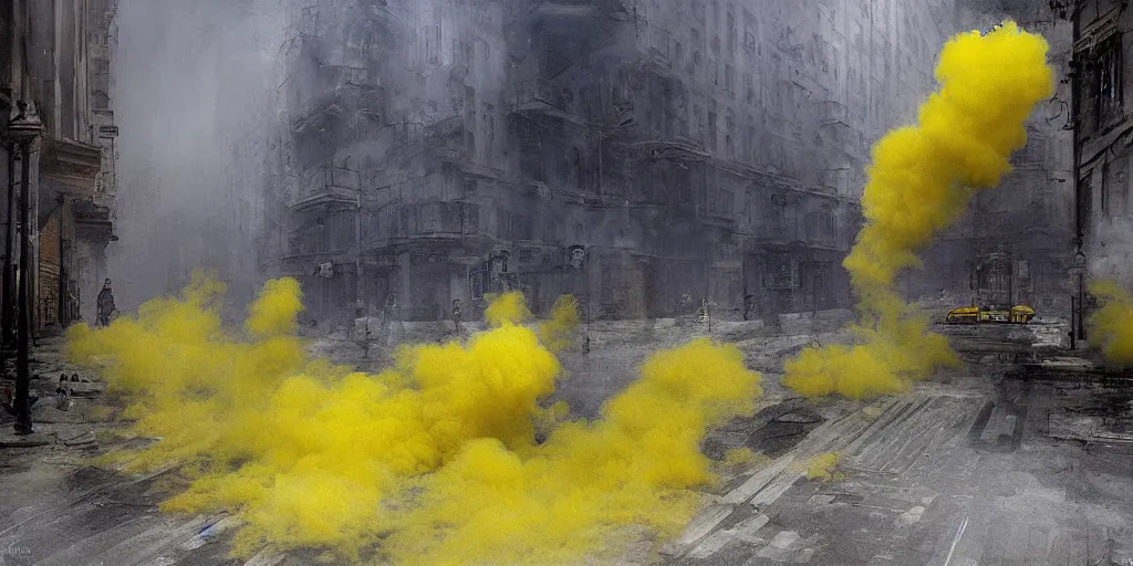 Prompt: kiev city streets covered in yellow and blue smoke, by jeremy mann, by kim keever