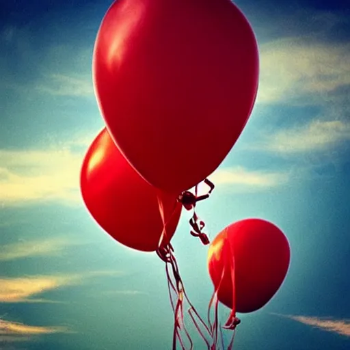 Image similar to “ becoming a champion of loss, watching memories float away like red balloons, against a sky at sunset ”