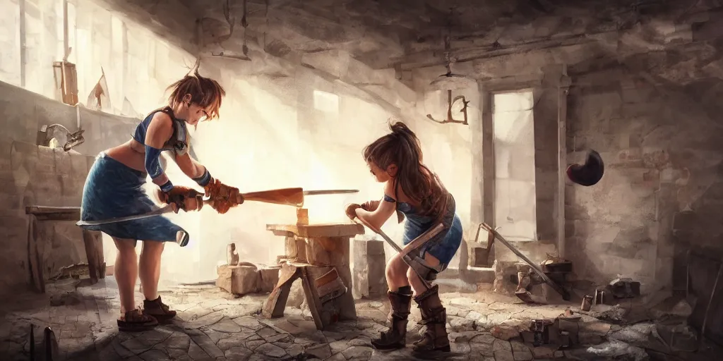 Prompt: blacksmith cute girl hitting with a hammer, anvill, epic digital art illustration, wide angle, masterpiece, dynamic perspective, anatomy skills, outstanding detail, illustration, colorgrading, LUTs, octane render, redshift, simulation, | 28mm |, great composition