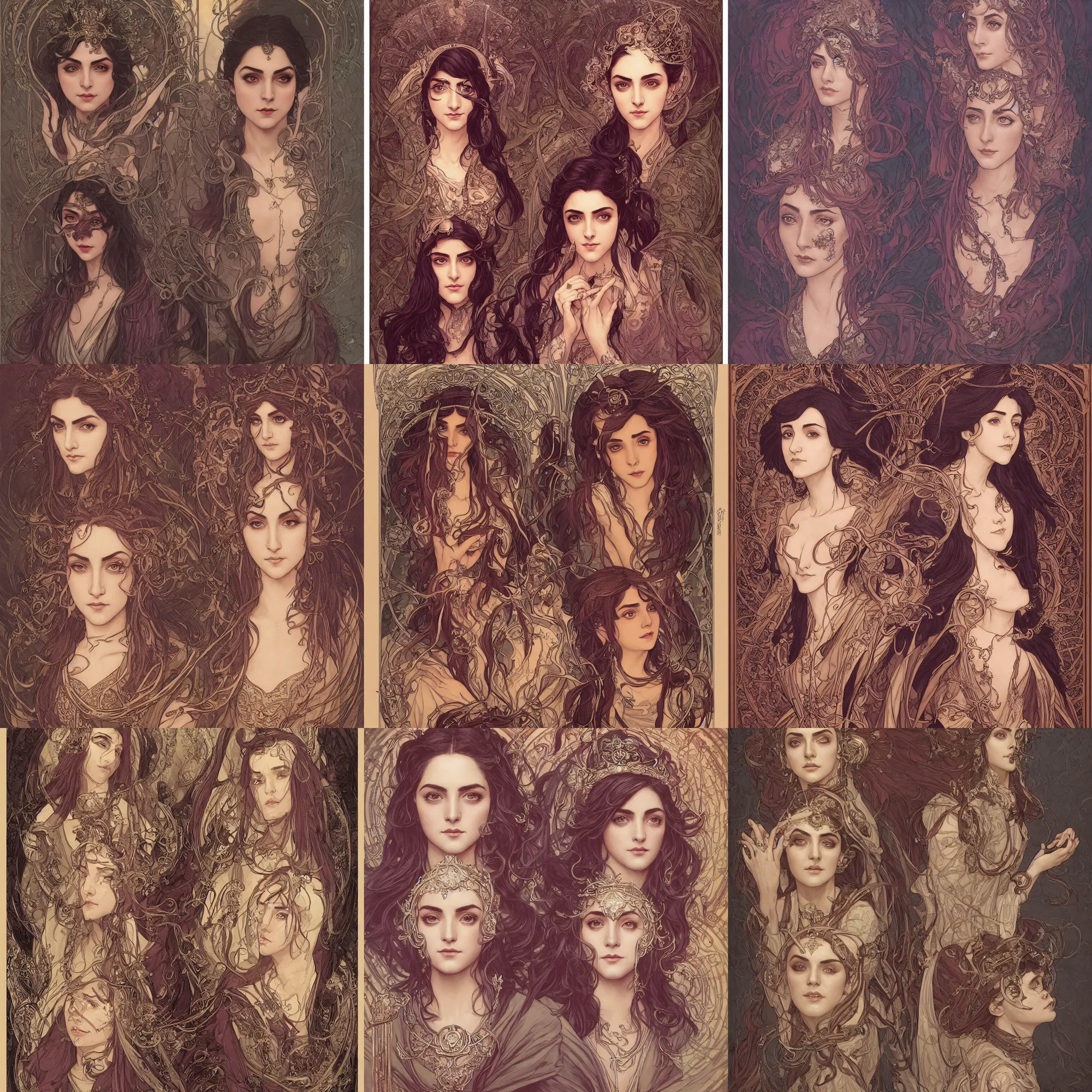 Prompt: masterpiece head-on symmetrical centered bust-view portrait, Maya Ali as D&D sorcerer, Art Nouveau style, wizard robe, fantasy, air brush shading, delicate, elegant, in the style of Greg Rutkowski and Moebius and Mohrbacher and ROSSDRAWS and Ross Tran and Alphonse Mucha and Ayami Kojima and Charlie Bowater and Jean Delville, Pixar, Maya engine, splash comics, tarot card style, Art Nouveau, rich bright colours