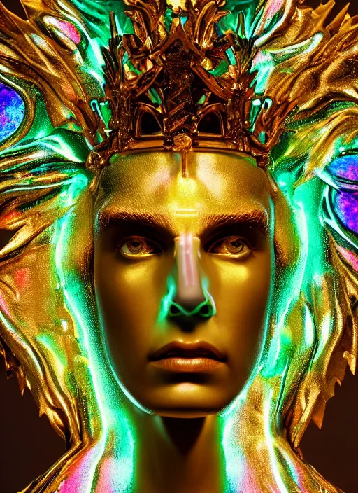 Image similar to photo of baroque and bladerunner delicate neon emerald sculpture of seductive king adrien sahores tigers orange iridescent humanoid deity wearing metallic jungle leaves holding the sun prismatic dungeon, glowing rainbow face, crown of white diamonds, cinematic lighting, photorealistic, octane render 8 k depth of field 3 d