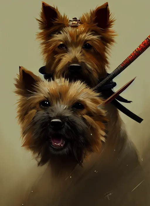 Image similar to norwich terrier as an samurai, backround dark, highly detailed, digital illustration, trending in artstation, modern painting, smooth, sharp focus, intricate, by peter mohrbacher