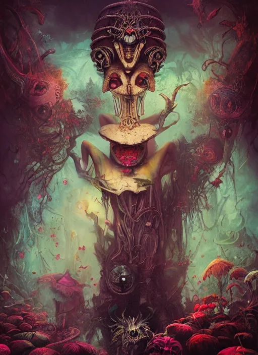 Prompt: alice in wonderland, mayan god, alien, highly detailed, cinematic, 8 k, by megan duncanson, benjamin lacombe, adrian borda, stanley artgermm, tom bagshaw, craig mullins, carne griffiths, ayami kojima, beksinski, giger, trending on deviantart, hyper detailed, horror, full of colour