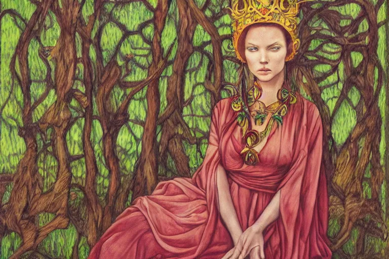 Image similar to a calm beautiful queen sitting in the forest by amanda sage, portrait,