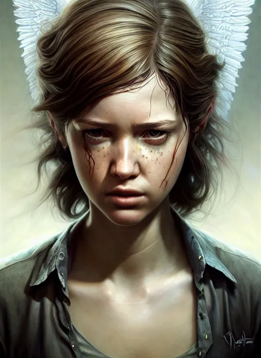 Image similar to ellie from last of us 2 as an angel, fine art, intricate, elegant, highly detailed, realistic hair, centered, digital painting, art station, conceptual art, soft, sharp focus, illustration, artwork, artgerm, tomasz alen kopera, peter mohrbacher, donato giancola, wlop, boris vallejo