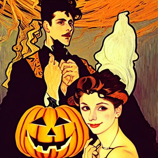 Image similar to painting of handsome young beautiful jeff and gorgeous rina together at the jack o'lantern halloween party, elegant, clear, painting, stylized, art, art by alphonse mucha, vincent van gogh, egon schiele,