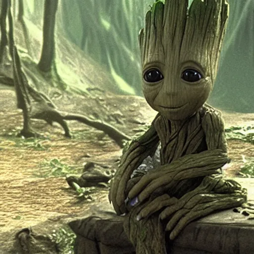 Prompt: Film still of Groot sitting with Yoda on Dagobah, from Star Wars The Empire Strikes Back (1980)