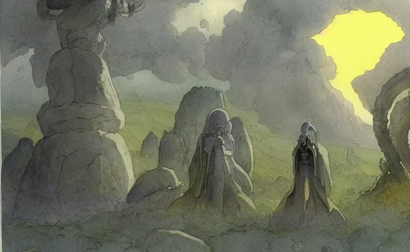 Image similar to a hyperrealist anime watercolor fantasy concept art of a giant alien with a grey robe and a small grey alien with a yellow robe in stonehenge on a misty night. several big stones are floating in the air. by rebecca guay, michael kaluta, charles vess