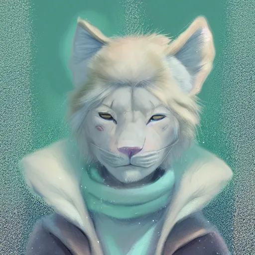 Prompt: aesthetic portrait commission of a albino male furry anthro Liger wearing a cute mint colored cozy soft pastel winter outfit, winter Atmosphere. Character design by charlie bowater, ross tran, artgerm, and makoto shinkai, detailed, inked, western comic book art, 2021 award winning painting