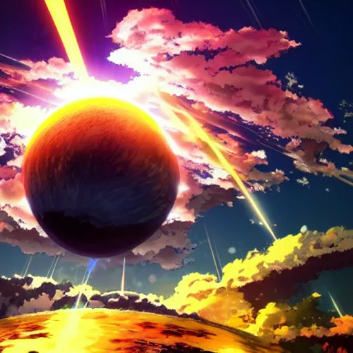 Image similar to anime key visual of a meteor crashing into earth