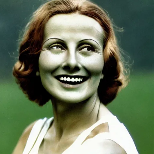 Prompt: a 1 9 2 8 color portrait. calm, happy, healthy, smiling, sporty, young, glowing greta garbo in athletic wear with big smile and healthy teeth. realistic, high quality.