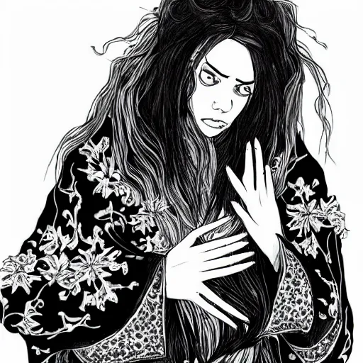 Image similar to black and white pen and ink!!!!!!! sorcerer beautiful attractive long hair Billie Eilish wearing High Royal flower print robes flaming!!!! final form flowing ritual royal!!! Contemplative stance Vagabond!!!!!!!! floating magic witch!!!! glides through a beautiful!!!!!!! Camellia!!!! Tsubaki!!! death-flower!!!! battlefield behind!!!! dramatic esoteric!!!!!! Long hair flowing dancing illustrated in high detail!!!!!!!! by Hiroya Oku!!!!!!!!! graphic novel published on 2049 award winning!!!! full body portrait!!!!! action exposition manga panel black and white Shonen Jump issue by David Lynch eraserhead and beautiful line art Hirohiko Araki!! Frank Miller, Kentaro Miura!, Jojo's Bizzare Adventure!!!! 3 sequential art golden ratio technical perspective panels horizontal per page