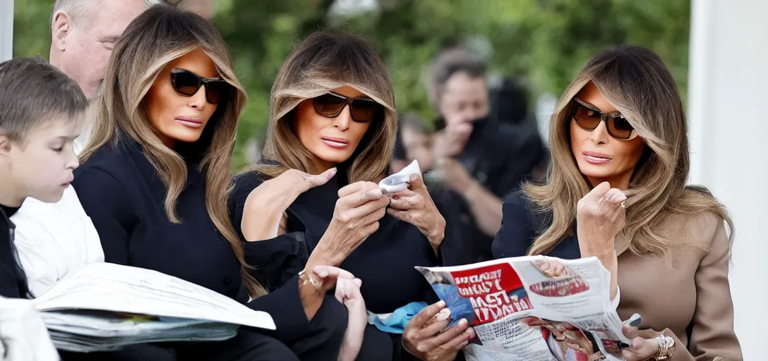 Image similar to melania trump nonchalant reading a magazine while people search her house, photograph,