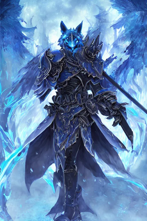 Prompt: anthropomorphic Azure wolf knight, DnD character art portrait, fantasy battleground, raining, blue flame, oil painting, heroic pose, magic the gathering artwork, D&D, fantasy, cinematic lighting, centered, symmetrical, highly detailed, digital painting, artstation, concept art, chromatic aberration, post processing, smooth, sharp focus, illustration, volumetric lighting, epic Composition, 8k, art, DeviantArt, trending on Artstation, Jason Felix, Steve Argyle, Tyler Jacobson, Peter Mohrbacher, Akihiko Yoshida, Greg Rutkowski, Craig Mullins, Frank Frazetta, cinematic lighting