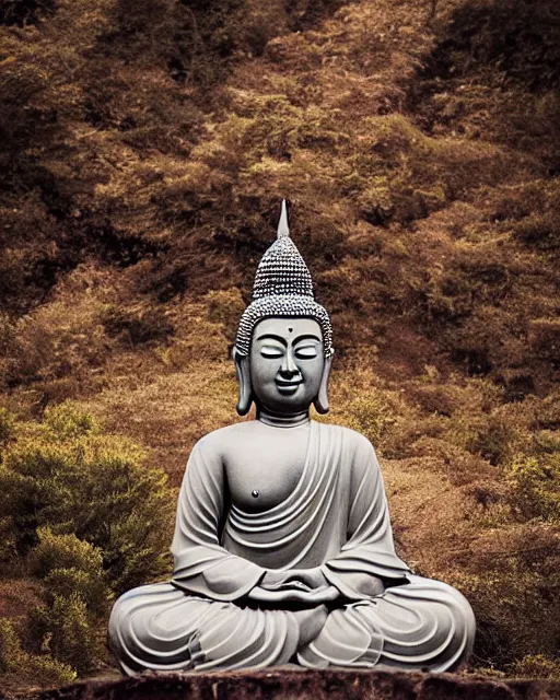 Prompt: contented peaceful female buddha, praying meditating, in a scenic environment, portrait photograph by peter coulson