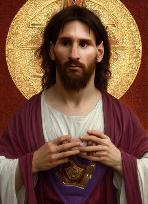 Image similar to portrait lionel messi as jesus, full length shot, shining, 8 k highly detailed, sharp focus, illustration, art by artgerm, mucha, bouguereau