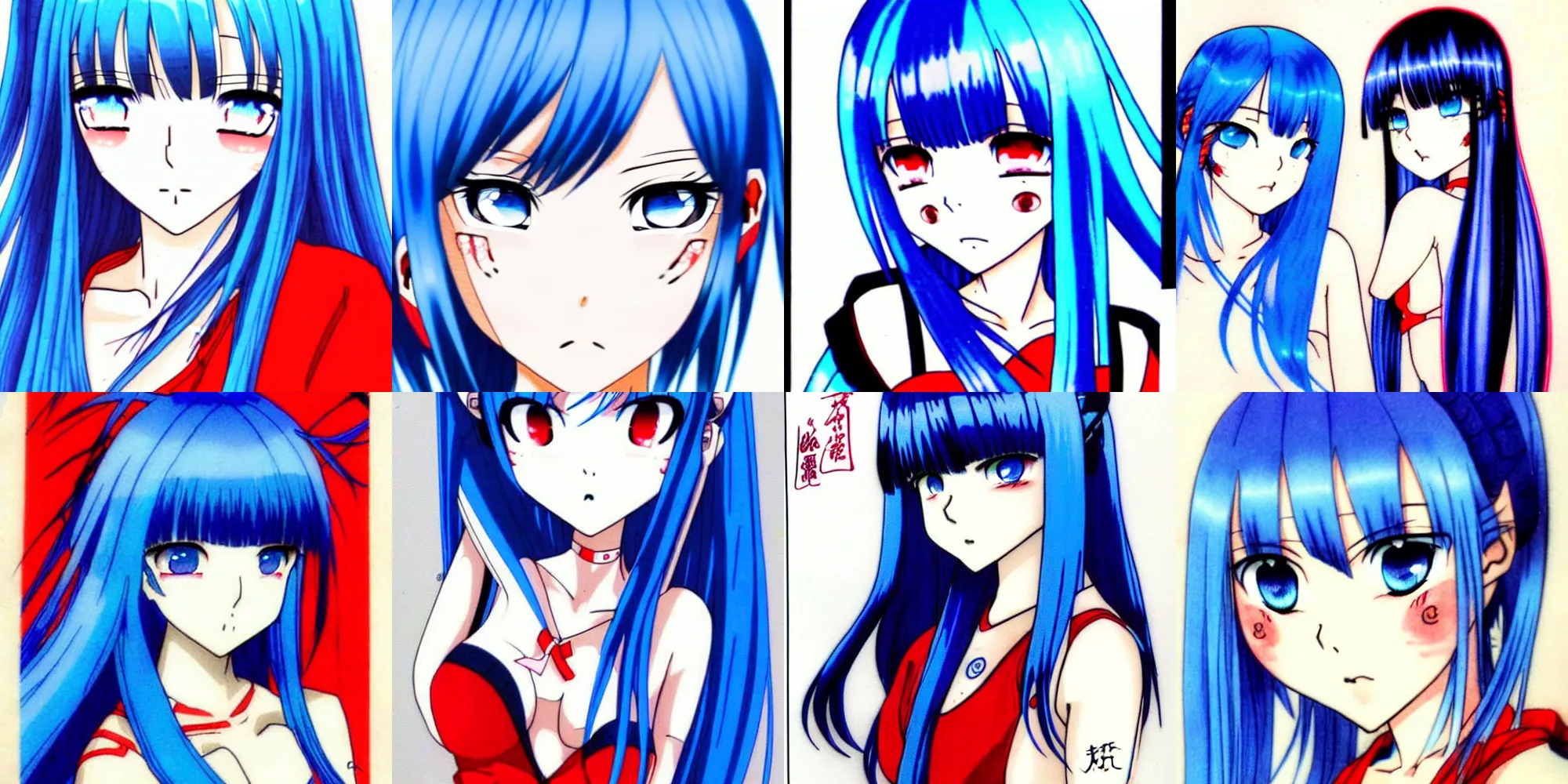 Prompt: blue hair and red eyes two cute young female, shikishi