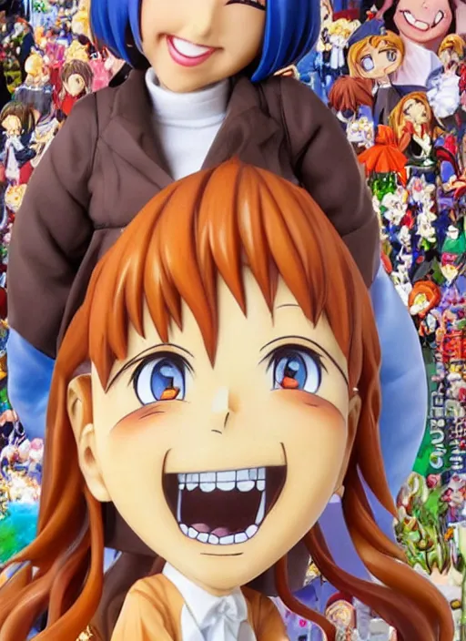 Prompt: a lifelike oil painting of an anime girl figurine caricature with a big dumb grin featured on Nickelodeon by arthur szyk