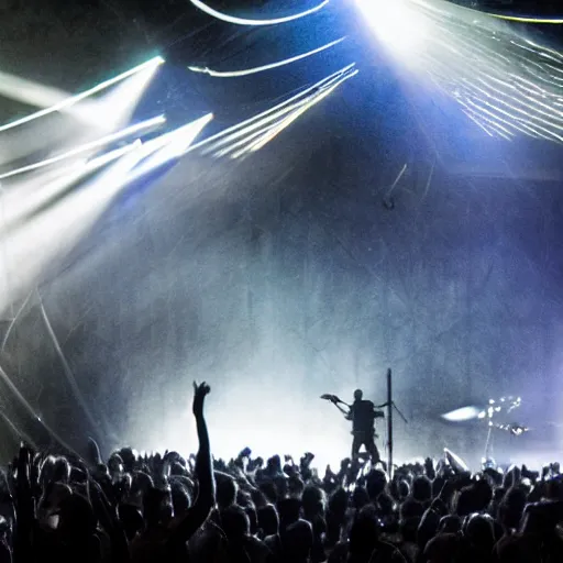 Prompt: Sweating Trent Reznor smashing guitars, group of people on stage playing instruments, elaborate stage effects, dust, smoke, giant LED screens, colored projections, ultrafine detail, cybersuit, glowing thin wires, smoke, high contrast, projections, holography, volumetric lighting