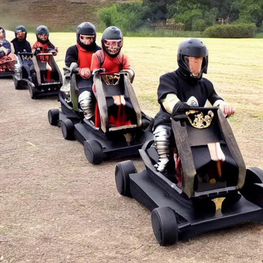 Prompt: knights racing on medieval go-karts through a field while avoiding fire from dragons