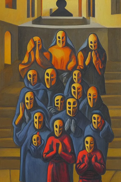 Image similar to fine illustration of five hooded disciples in masks praying to a fascist monument in a brutalist courtyard, lit from below, twilight, lowbrow surrealism, PJ Crook, Edward Hopper oil on canvas