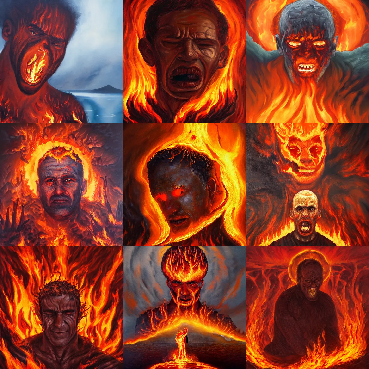 Prompt: portrait of a man suffering in hell, engulfed in a lake of brimstone, surrounded by burning mountains, oil on canvas trending on artstation
