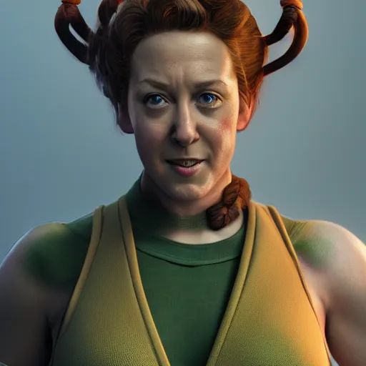 Image similar to kristen schaal as cammy street fighter, long blonde pigtails, ultra realistic, concept art, intricate details, highly detailed, photorealistic, octane render, 8 k, unreal engine, art by frank frazetta, simon bisley, brom