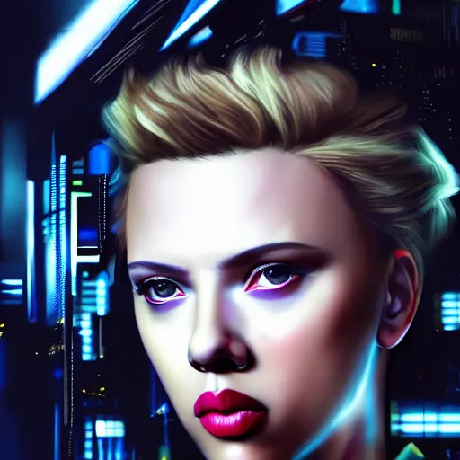 Image similar to Scarlett Johansson as a cyberpunk girl portrait with depth of field inspired by ghost in the shell