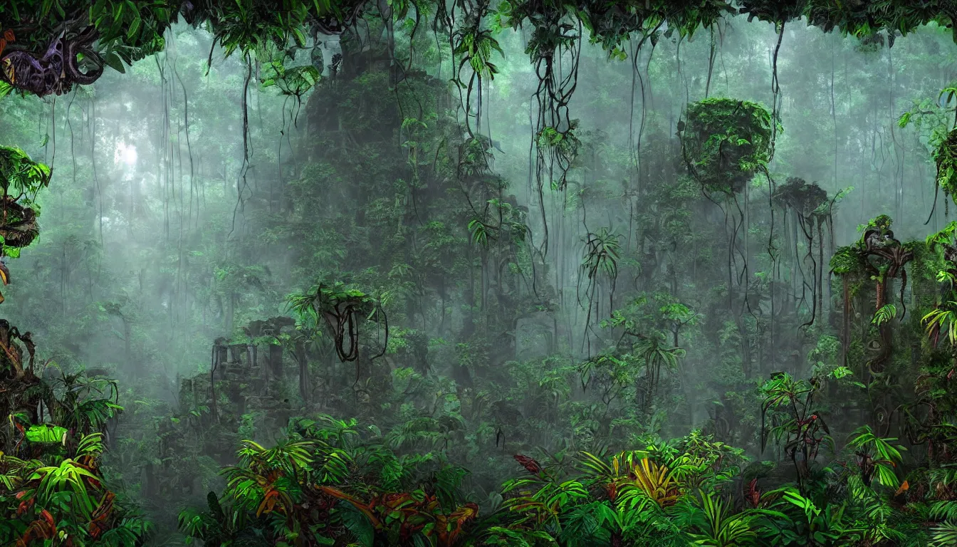 Prompt: entrance to the mayan jungle forest realm of biodiversity , side-scrolling 2d platformer game level, swirling clouds of magical mist in the trees, fantasy vegetation, majestic ancient temple pillar ruins, dramatic dusk sun illuminates areas, volumetric light , detailed entangled roots carpet the forest floor, rich color, upscale , 8k