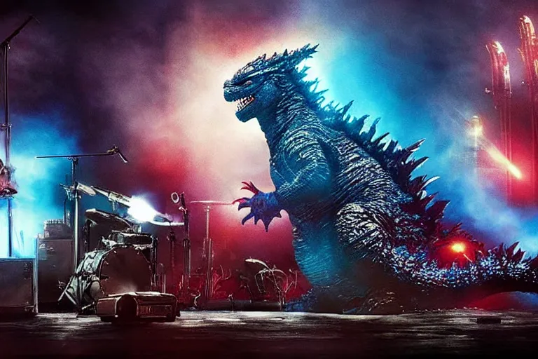 Image similar to godzilla playing the drumset, rock music, concert lights, dynamic photo, still shot from the new godzilla movie