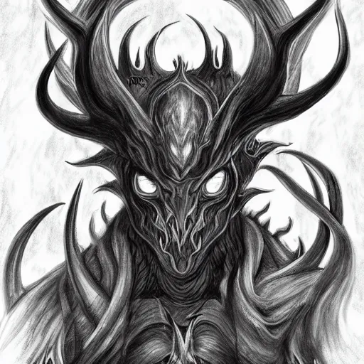 Image similar to full body grayscale drawing by Anato Finnstark of horned demon in 3/4 view, swirling flames