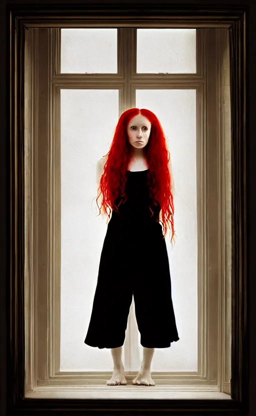 Image similar to portrait of a girl with long red hair, very beautiful style, girl standing in a black room by a window, wearing a gold suit, photorealism, deborah lou turbeville,