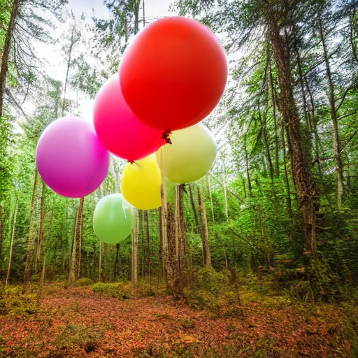 Image similar to An abandoned forest with colorful balloons, (Sony a7R IV, symmetric balance, polarizing filter, Photolab, Lightroom, 4K, Dolby Vision, Photography Award)