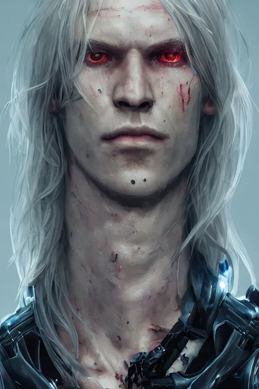 Image similar to a portrait of a toned male cyborg with long white hair and pale skin with joints still visible by greg rutkowski, sung choi, mitchell mohrhauser, maciej kuciara, johnson ting, maxim verehin, peter konig, bloodborne, 8 k photorealistic, cinematic lighting, hd, high details, dramatic, dark atmosphere, trending on artstation