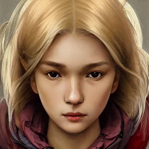 Image similar to Blonde Girl from TLOU with thin lips, pronounced cheekbones, hair of medium length (longer caret), highly detailed, digital painting, artstation, concept art, smooth, sharp focus, illustration, ArtStation, art by artgerm and greg rutkowski and alphonse mucha and J. C. Leyendecker and Edmund Blair Leighton and Katsuhiro Otomo and Geof Darrow and Phil hale and Ashley wood and Ilya repin and Charlie Bowater