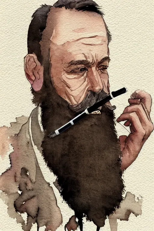 Image similar to portrait of a middle - aged writer with a beard, he is smoking a cigarette, watercolor style of greg rutkowski