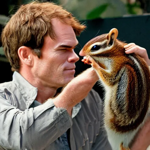 Prompt: dexter morgan feeding peanuts to the cutest chipmunk you ’ ve ever seen