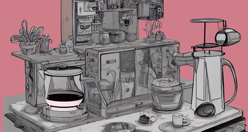 Prompt: a hyper complex drip coffee maker in the 1 9 7 0 s era kitchen, in the style of hownosm and james jean, ultimate collab, epic, digital art, 3 d, h 9 6 0