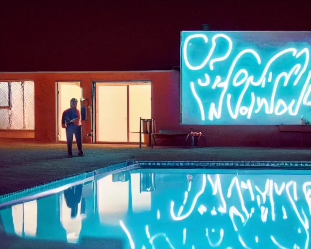 Prompt: photo of a man standing next to a swimming pool outside a motel with a neon sign in the desert at night, cinematic