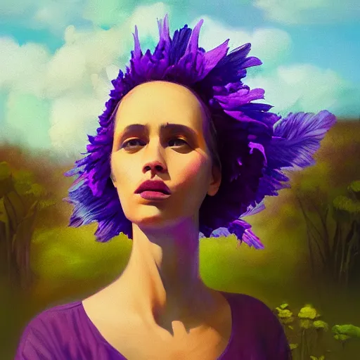 Image similar to portrait, giant purple dahlia flower head, woman in oasis, surreal photography, sunrise, blue sky, dramatic light, impressionist painting, digital painting, artstation, simon stalenhag