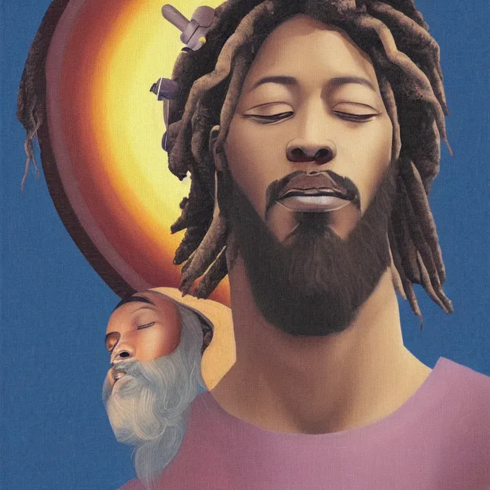 Prompt: a UFO hovering over an African Jesus, portrait painting by Hsiao-Ron Cheng,