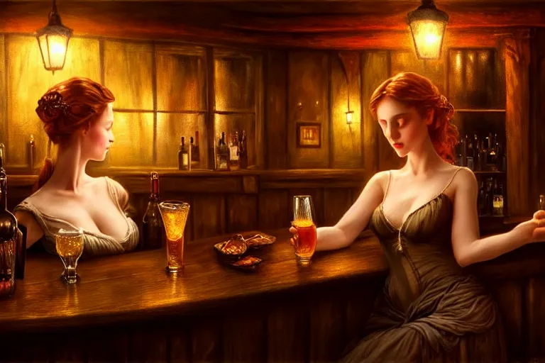 Prompt: a beautiful barmaid, dimly lit cozy tavern, relaxed pose, fantasy, intricate, elegant, dramatic lighting, emotionally evoking symbolic metaphor, highly detailed, lifelike, photorealistic, digital painting, artstation, concept art, smooth, sharp focus, illustration, art by John Collier and Albert Aublet and Krenz Cushart and Artem Demura and Alphonse Mucha, epic composition, grim yet sparkling atmosphere, dim volumetric lighting, 8k octane beautifully detailed render, post-processing, extremely hyperdetailed, cinematic lighting + masterpiece, trending on artstation