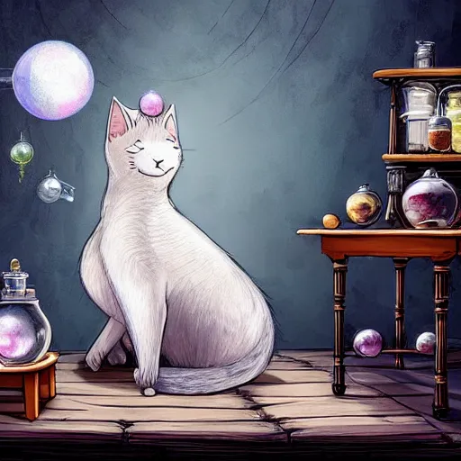 Image similar to a full body beautifull witch with white hair in an old room. A cristal ball on a wood table with a potions and old instruments. A cat on the floor licking his paw. in a fantasy style paiting