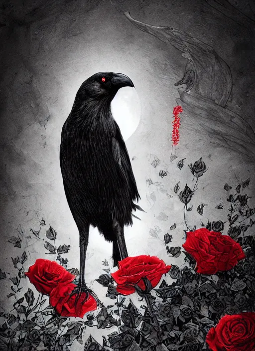 Image similar to portrait, A crow with red eyes in front of the full big moon, book cover, red roses, red white black colors, establishing shot, extremly high detail, foto realistic, cinematic lighting, pen and ink, intricate line drawings, by Yoshitaka Amano, Ruan Jia, Kentaro Miura, Artgerm, post processed, concept art, artstation, matte painting, style by eddie mendoza, raphael lacoste, alex ross