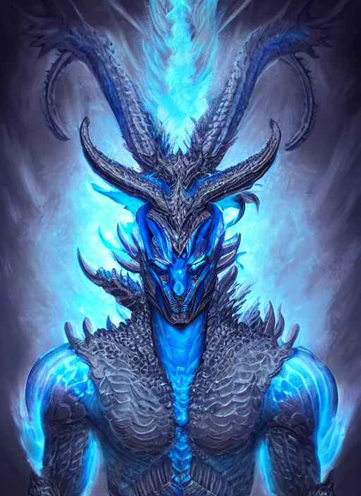 Image similar to muscular and tall blue ghostly fire humanoid dragon!!!! draconian!! intricate ornate iridescent heavy armor!! character concept art, sharp focus, octane render! unreal engine 5! highly rendered!! trending on artstation!! detailed linework!! illustration by artgerm, wlop, and chie yoshii