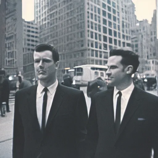 Prompt: analog medium format bokeh portrait of a couple of business men walking in new york, 1 9 6 0 s, dark, photographed on expired film, detailed photograph