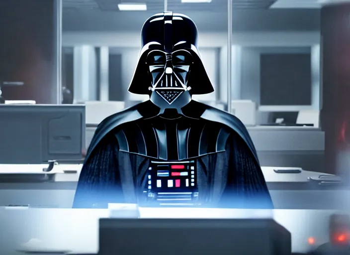 Image similar to film still of Darth Vader working in and office at a computer bored in the new Star Wars movie, 4k